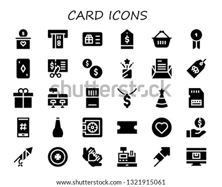 card icon set. 30 filled card icons.  Simple modern icons about  - Gift, Atm, Gift card, Tag, Shopping basket, Badge, Voucher, Coins, Confetti, Letter, Present, Cash register