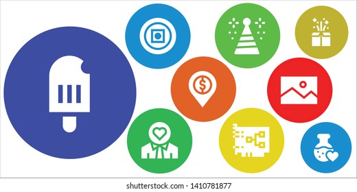 card icon set. 9 filled card icons.  Collection Of - Popsicle, Money, Party hat, Love, Card, Bank, Picture, Gift, Love potion
