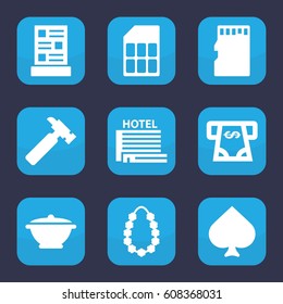 Card icon. set of 9 filled card icons such as Spades, ATM money withdraw, hummer, garland, memory card, menu, pan