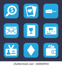 Card icon. set of 9 filled card icons such as diamonds, wallet, love letter, badge, menu, pan-fry