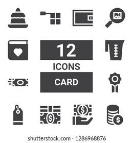 card icon set. Collection of 12 filled card icons included Money, Payment, Bills, Price tag, Badge, Jar, Offside, Picture, Photo album, Pudding, Wallet