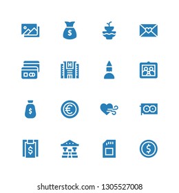 card icon set. Collection of 16 filled card icons included Coin, Sd, Bank, Bill, Graphic card, Heart, Euro, Money, Picture, Birthday girl, Hotel, Letter, Fountain, Photography