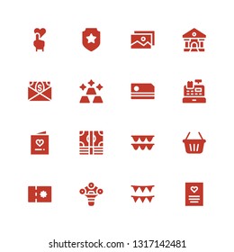card icon set. Collection of 16 filled card icons included Greeting card, Garlands, d, Coupon, Shopping basket, Garland, Money, Invitation, Cashier machine, Gold, Bank, Picture