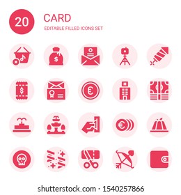 card icon set. Collection of 20 filled card icons included Shopping basket, Money, Letter, Tripod, Fireworks, Bill, Euro, Hotel, Fountain, Insert coin, Pudding, Coin, Confetti
