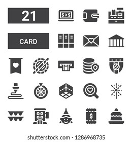 card icon set. Collection of 21 filled card icons included Pudding, Bill, Birthday girl, Hotel, Garland, Fireworks, Love, d, Roulette, Badge, Money, Atm, Holi, Bank, Letter, Archive