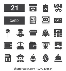 card icon set. Collection of 21 filled card icons included Pudding, Chocolate egg, Fountain, Bank, Memory card, Cabinet, Atm, Wallet, Post office, Badge, Jar, Cashier, Cake pop