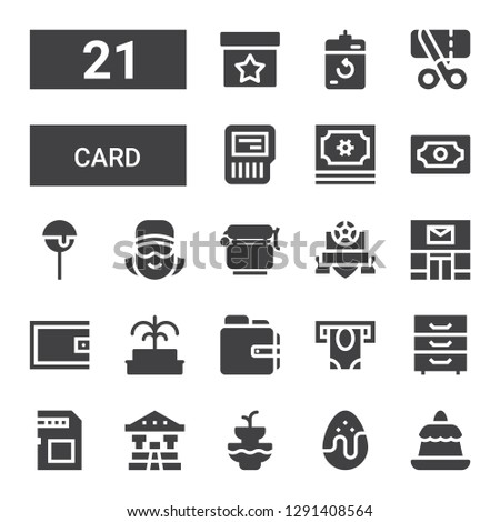 card icon set. Collection of 21 filled card icons included Pudding, Chocolate egg, Fountain, Bank, Memory card, Cabinet, Atm, Wallet, Post office, Badge, Jar, Cashier, Cake pop