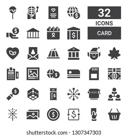 card icon set. Collection of 32 filled card icons included Shopping basket, Referee, Dollar, Coin, Picture, Fireworks, Hierarchical structure, Jar, Bill, d, Money, Bills, Memory card