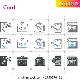 card icon set. included gift, online shop, shop, voucher icons on white background. linear, bicolor, filled styles.
