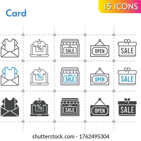card icon set. included gift, newsletter, online shop, shop, open icons on white background. linear, bicolor, filled styles.