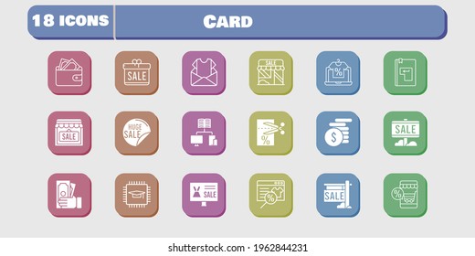 conjunto de iconos de la tarjeta. regalo incluido, tienda en línea, boletín informativo, venta, chip, cartera, tienda, dinero, escuela, vale, entrada, iconos sobre fondo blanco. estilos lineales y llenos.