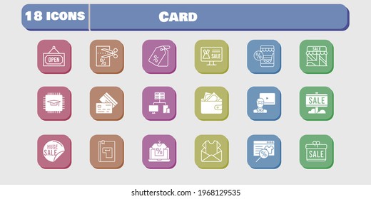 card icon set. included gift, newsletter, chip, shop, wallet, voucher, online shop, sale, teacher, school, price tag, enter icons on white background. linear, filled styles.