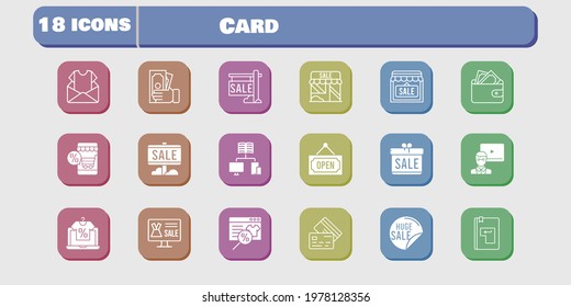 card icon set. included gift, online shop, newsletter, sale, teacher, shop, wallet, money, school, credit card, enter icons on white background. linear, filled styles.