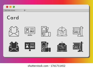 card icon set. included newsletter, online shop, sale, money icons on white background. linear, filled styles.