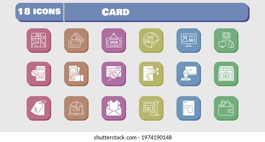 card icon set. included newsletter, shop, wallet, voucher, online shop, sale, teacher, money, school, price tag, enter icons on white background. linear, filled styles.