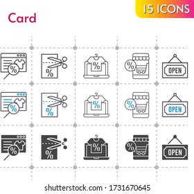 card icon set. included online shop, voucher, open icons on white background. linear, bicolor, filled styles.