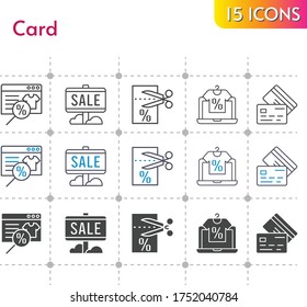 card icon set. included online shop, sale, voucher, credit card icons on white background. linear, bicolor, filled styles.