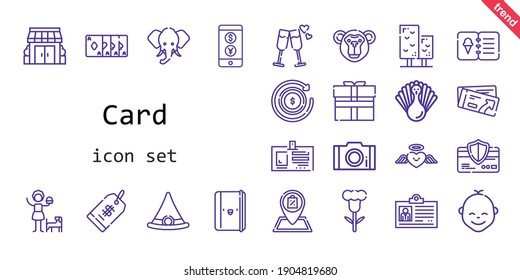 card icon set. line icon style. card related icons such as gift, shop, monkey, ticket, stores, tree, photo, girl, menu, heart, flower, id card, magic trick, witch hat, turkey, price tag, baby
