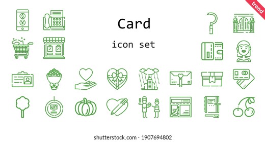 card icon set. line icon style. card related icons such as bride, gift, love, rain, cherry, wallet, sickle, father, tree, bouquet, store, heart, layout, debit card, id card, shopping cart, currency