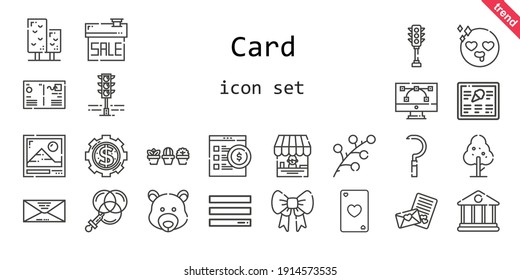 conjunto de iconos de la tarjeta. estilo de icono de línea. iconos relacionados con la tarjeta como tienda, hoz, color, árbol, cinta, foto, menú, sucursal, tienda en línea, banco, sobre, venta, dinero, amor, postal, planta, as de corazones