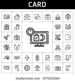 card icon set. line icon style. card related icons such as gift, shower, woman, wedding gift, garter, photo camera, scarecrow, cart, bank, cat, love letter, valentines day, flowers