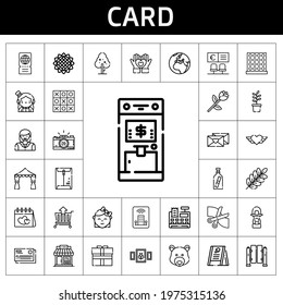 card icon set. line icon style. card related icons such as gift, woman, shop, cash register, branch, photo camera, cart, bank, wedding arch, tic tac toe, love letter, hotel