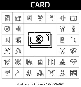card icon set. line icon style. card related icons such as bride, gift, couple, cards, gift card, monkey, shop, sickle, mummy, petals, online shop, security, stationary, love letter