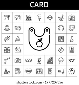 card icon set. line icon style. card related icons such as gift, parking, gift card, garter, cash register, christmas tree, wedding day, raining, photo camera, branch, basketball
