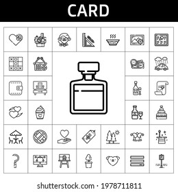 Kartensymbol eingestellt. Zeilensymbol-Stil. mit Karten verwandte Symbole wie Liebe, Parken, Suppe, Sichel, Bäume, Fotokamera, Lehrer, Papier, Kuchen, Tischfuß, Schreibwaren, Hotel, Vektorgrafik