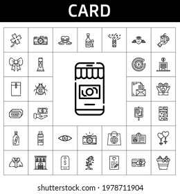 card icon set. line icon style. card related icons such as parking, gift, couple, tickets, ladybug, photo camera, swans, bank, security, stationary, pendrive, love letter, hotel