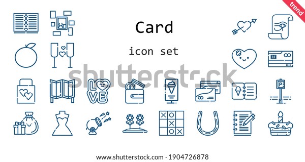 card icon set. line icon style. card related icons\
such as parking, love, wedding dress, wallet, wedding gift, room\
divider, cannon, menu, picture, heart, flower, horseshoe, cupid,\
orange, paper