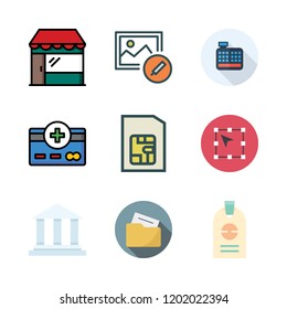 card icon set. vector set about shop, sim card, credit card and bank icons set.