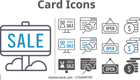 card icons icon set included online shop, sale, money, open icons