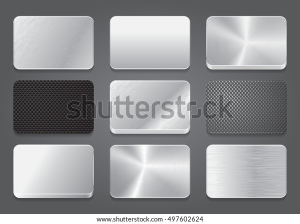 Card icons with metal\
background. Metal app. Metal icons set. Platinum button icons.\
Vector illustration