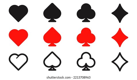 Card icons. pikes,spades,clovers,hearts,tiles,diamonds. Vector illustration.