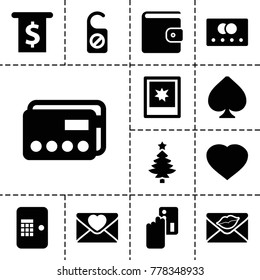 Card icons. set of 13 editable filled card icons such as money in atm, love letter, photo, atm, spades, hearts, do not disturb, wallet