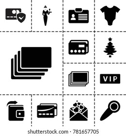 Card icons. set of 13 editable filled card icons such as vip, photos, baby onesie, love letter, door knob, wallet, casino girl, badge