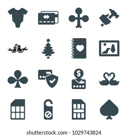 Card icons. set of 16 editable filled card icons such as baby onesie, spades, clubs, do not disturb, hummer, picture, notebook with heart, swan heart, christmas tree