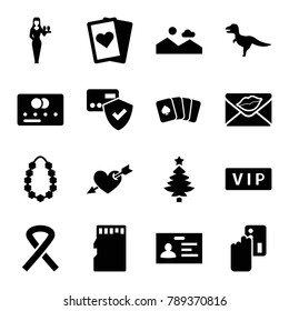 Card icons. set of 16 editable filled card icons such as vip, casino girl, badge, dinosaur, love letter, garland, ribbon, picture, heart with arrow