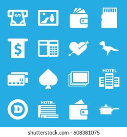 Card icons set. set of 16 card filled icons such as photos, wallet, Spades, Wallet, ATM money withdraw, d letter, heart with arrow, pan, hotel, picture, dinosaur, ATM