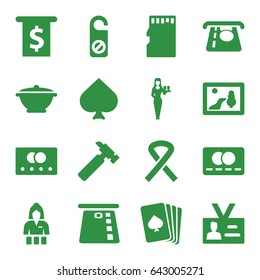 Card icons set. set of 16 card filled icons such as spades, casino girl, atm money withdraw, do not disturb, hummer, badge, ribbon, pan, picture