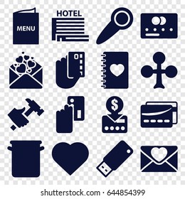Card icons set. set of 16 card filled icons such as clubs, hearts, hummer, notebook with heart, love letter, usb drive, menu, pan, door knob