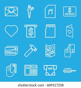 Card icons set. set of 16 card outline icons such as Hearts, Casino girl, ATM money withdraw, hummer, love letter, menu, pan-fry, ATM