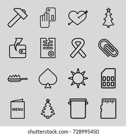 Card icons set. set of 16 card outline icons such as spades, wallet, paper, hummer, christmas tree, ribbon, menu, pan, pan-fry, hotel, heart with arrow, christmas tree