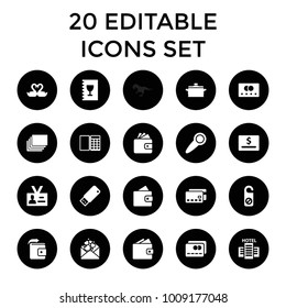 Card icons. set of 20 editable filled card icons such as wallet, wallet, do not disturb, swan heart, love letter, badge, usb drive. best quality card elements in trendy style.