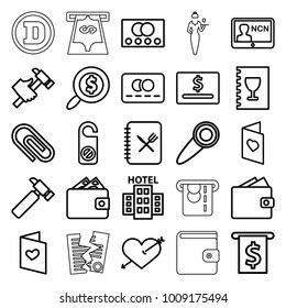 Card icons. set of 25 editable outline card icons such as do not disturb, hummer, heart with arrow, wallet, money in atm, love letter, clip, menu, door knob, search dollar