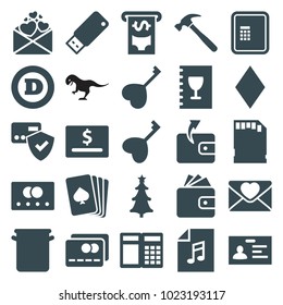 Card icons. set of 25 editable filled card icons such as atm, diamonds, wallet, d letter, badge, atm, love letter, heart key, christmas tree, usb drive, menu, pan, hummer