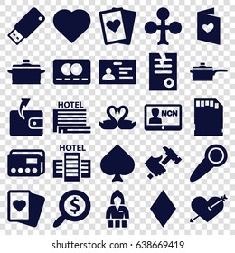 Card icons set. set of 25 card filled icons such as spades, clubs, hearts, diamonds, casino girl, wallet, badge, paper, hummer, heart with arrow, swan heart, love letter
