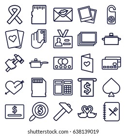 Card icons set. set of 25 card outline icons such as photos, spades, do not disturb, hummer, swan heart, love letter, badge, ribbon, photo, menu, pan, search dollar