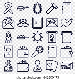 Card icons set. set of 25 card outline icons such as atm, casino girl, casino boy, wallet, spades, hummer, swan heart, love letter, garland, ribbon, menu, pan, pan-fry